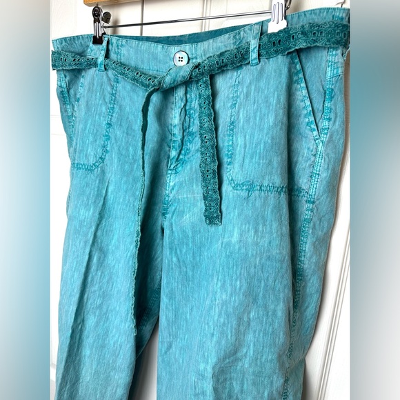SOFT SURROUNDINGS Tea Party Crip Pants Tidal Wave Teal Turquoise Linen Belted - Picture 3 of 12
